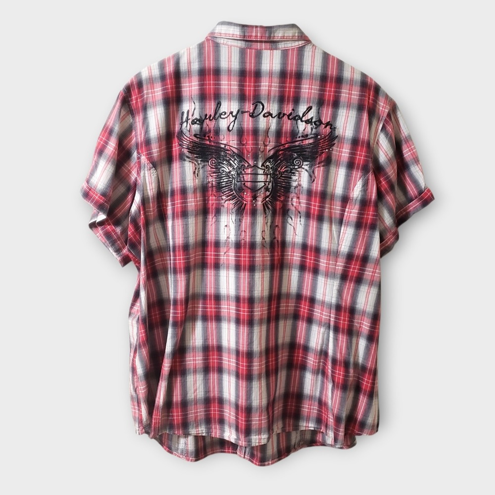 Harley-Davidson Womens‎ 2W Red Plaid Shirt Pearl Snap Embroidered Graphic Back